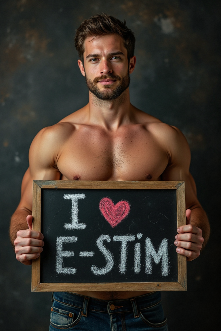 Mann mit einer Tafel I Love E-Stim